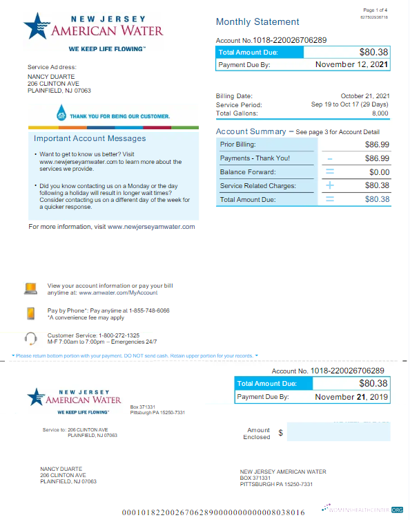 download download USA NEW JERSEY AMERICAN WATER utility bill Word and PDF template PDF template PDF template